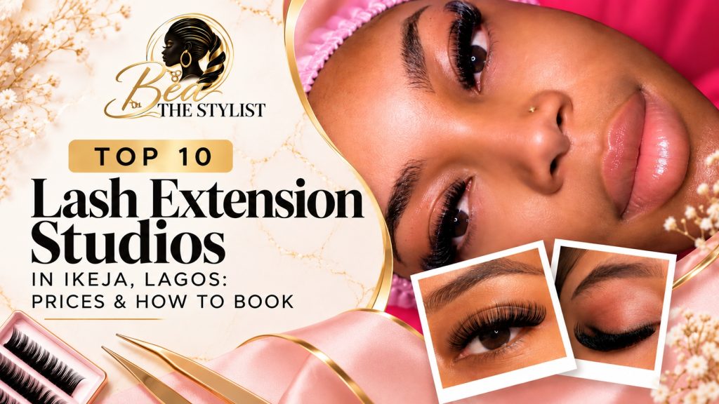 Client with lash extensions on a pink satin background, beside lash trays and tweezers, next to the BeaTheStylist logo and the title Top 10 Lash Extension Studios in Ikeja, Lagos: Prices & How to Book